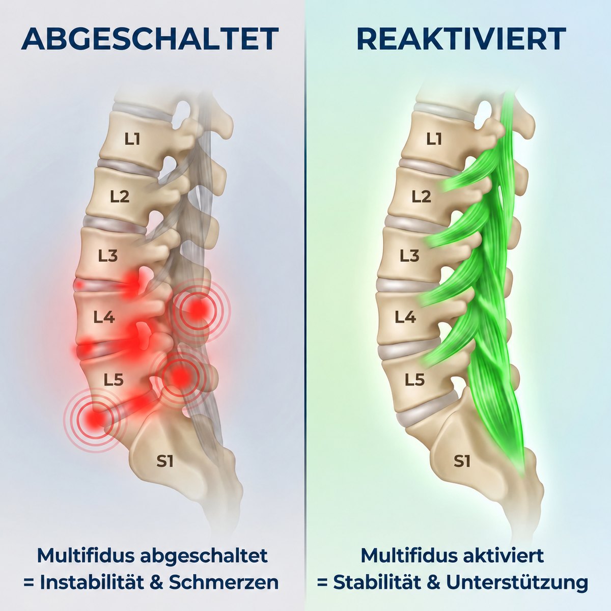 Vorher/Nachher: abgeschalteter vs. reaktivierter Tiefenmuskel